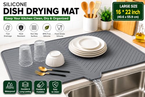 Image of AGILAM- Silicone Dish Drying Mat | Heat Resistant | 22x16 Inch | Grey
