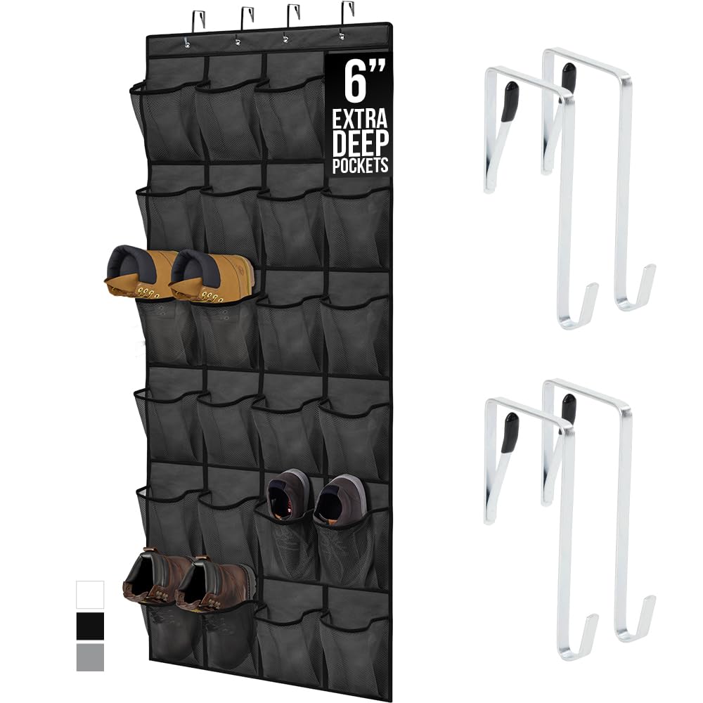 GORILLA GRIP Over the Door Shoe Organizer, 24 Extra Large Pockets, Black