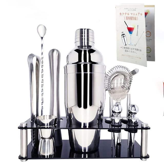 カクテルシェイカーセット バーテンダーキット 12個 プレミアムステンレススチールバーセットツール 竹スタンド 25オンス マティーニ