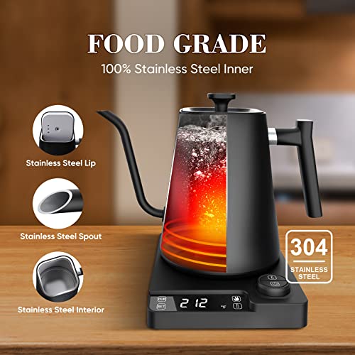 Evatek Gooseneck Electric Kettle Temperature Control, 1L Electric Tea Kettle With Auto Shut-Off, Keep Warm For 1-24H, Dry Burning Protection, 1200W Stainless Steel Pour-Over Coffee Kettle #TOP4