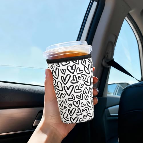 Image of Reusable Insulated Sleeve for Iced Coffee Cup, 3-Pack Coffee Neoprene Drink Sleeve for Cold & Hot Drinks, Beverage Holder for Iced Coffee (Ink Hearts)