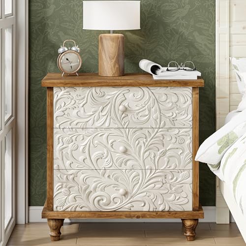 LONYKE 3 Drawer Farmhouse Dresser with Embossed Weathered Flower...