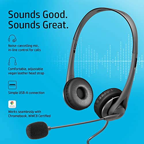Image of HP Stereo Wired On Ear Headphones with Mic USB G2 with Vegan Leather Earcups, Flexible 3.5Mm Audio Jack, Laptop /Pc /Office /Home Use, in-Line Volume Control / 1 Year Warranty