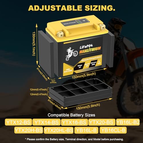 Image of YTX14-BS YTX12-BS YTX20L-BS Lithium Motorcycle Battery, 12V 8Ah 480A CCA LiFePO4 Powersports Battery with Adjustable Spacers, Replaces YTX16-BS YTX20HL-BS YB16L-B for ATV UTV Motorbike