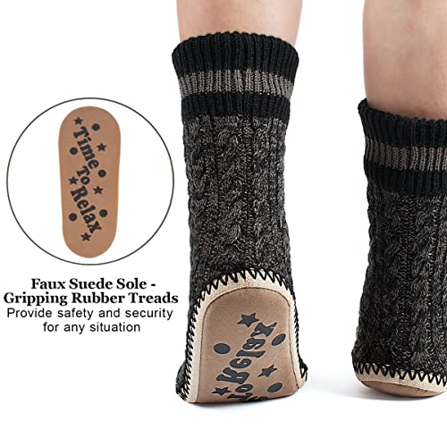Men's Slipper Socks, Winter Cable Knit Non-Skid Warm Slipper Socks, Cozy Soft Indoor Socks with Fluffy Sherpa Lined2