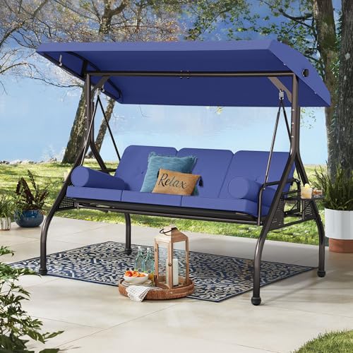 Image of SUNCROWN Outdoor 3 in 1 Porch Swing Chair, 3 Seat Patio Swing Glider with Adjustable Canopy, Heavy Duty Swings with Thickened Cushions, Pillows & Cup Holders for Backyard, Porch, Garden,Dark Blue