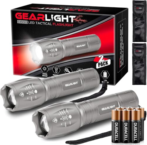 Image of GearLight LED Flashlight High Lumens, Mini Tactical LED Flashlight 2 Pack, 5 Modes Zoomable Beam, Battery Powered for Camping, Hunting, Home & Emergency, Compact Small LED Flashlight (Gray)