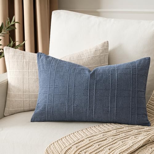 Image of MIULEE Decorative Linen Check Lumar Throw Pillow Covers Neutral Farmhouse Vintage Pillow Covers 12x20 Set of 2 Boho Modern Home Decor for Sofa Couch Bedroom Cushion Blue