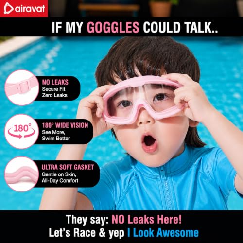 Image of AIRAVAT Macho swimming goggles for Kids Children Teens, polycarbonate goggles, Anti-Fog, Anti-UV, Wide View Swimming Goggles, Free size (Pink)