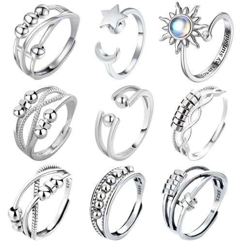 MLPKOI 9 Anillo Antiestres Mujer, Anillos Mujer, Anillos Giratorios de Ansiedad, Abiertos para el Pulgar, Luna y estrella, Anillo Antiestres Ajustable para Mujeres Hombre Regalo Joyería