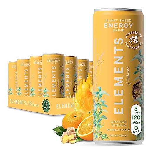Natural Energy Drinks by Elements of Balance | Naturally-Flavored Ginger Orange with Rhodiola + Ginseng | Clean Energy Boost, 0 Sugar, Low Calorie, Plant-Based | 11.5 Fl Oz (12 Pack)