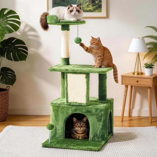 Image of 32.8inch Small Cat Tree Tower Condo for Indoor Cats, Soft Plush Multi-Level Climbing Tree Cat House with Cat Cave, Scratching Post, Sisal Rope, Green