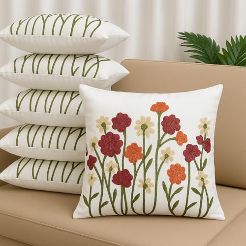 Image of LOFEY Satin Cushion Covers Set of 5 | 16 inch x 16 inch (40x40 cm) MultiFloral Decorative Sofa & Bed Pillow Covers for Living Room & Bedroom Decor (Without Filler) (White)