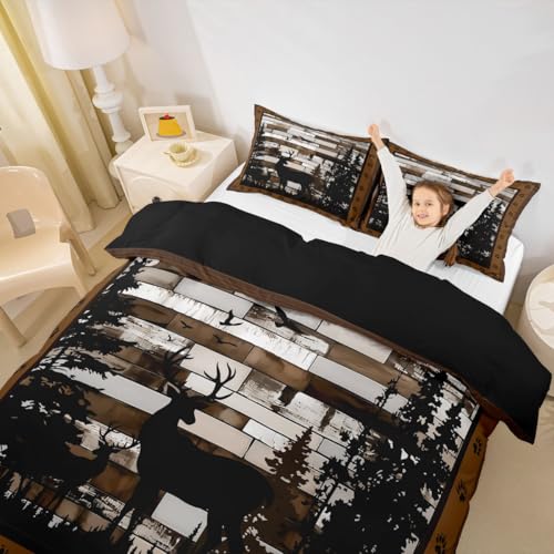 jejeloiu Rustic Deer Bedding Set Wild Animals Hunt Duvet Cover for Kids Boys Girls Brown Wooden Comforter Cover Paw Print Bedspread Cover Bedroom Collection 2Pcs Toddler Size,No Comforter