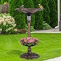 GYMAX Bird Bath, Leaf Shaped Pedestal Bird Feeder Station with Solar Powered Light, Flower Planter and Fillable Stand, Freestanding Birdbaths for Outdoor Hotel Garden