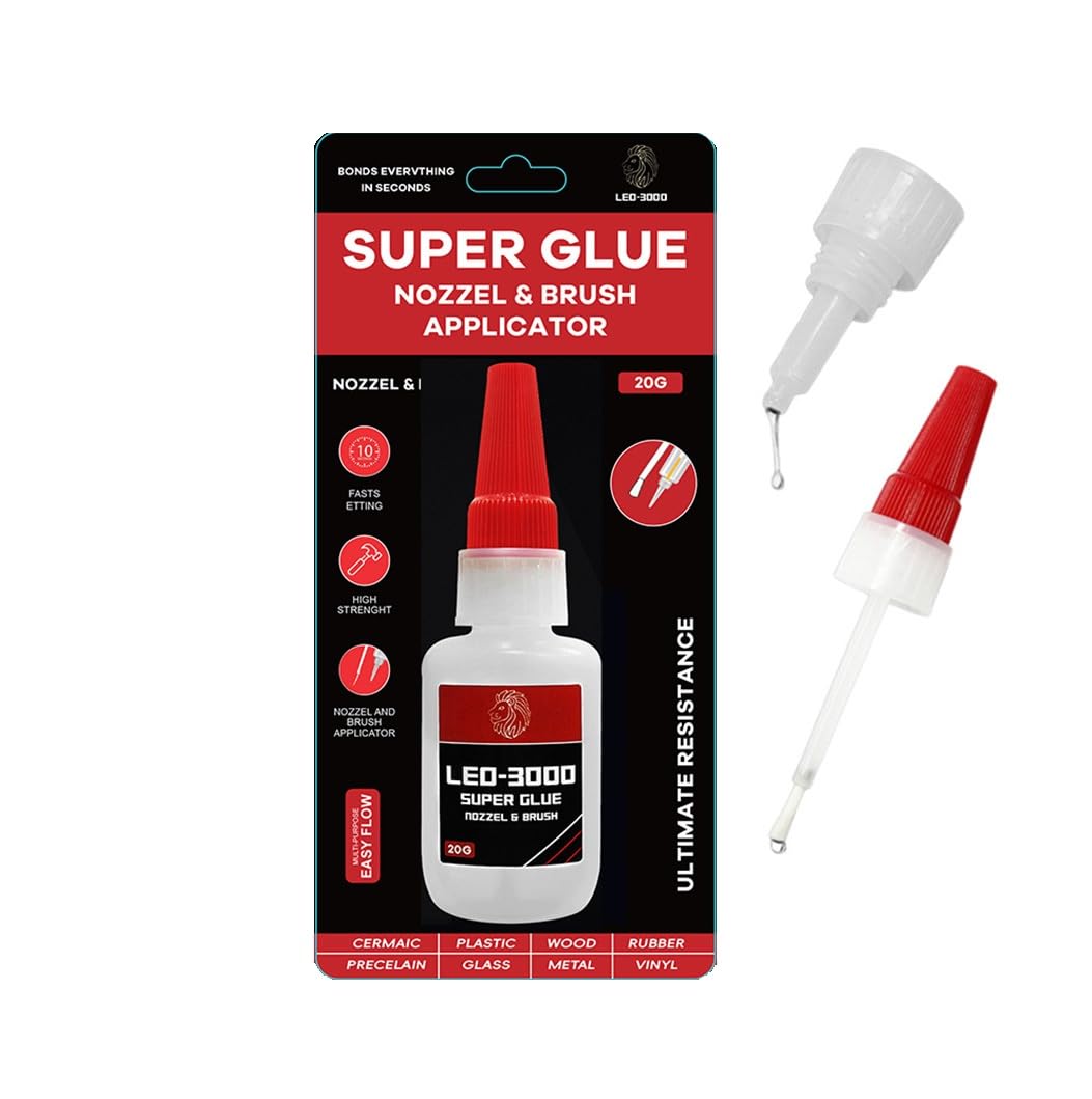 2-in-1 Super Glue with Brush Applicator & Precision Nozzle 20g Anti-Clog Cap, All Purpose Glue, Heavy Duty Glue, Mess-Free Quick Dry Adhesive for Plastic, Rubber, Metal, Ceramic & DIY Repairs