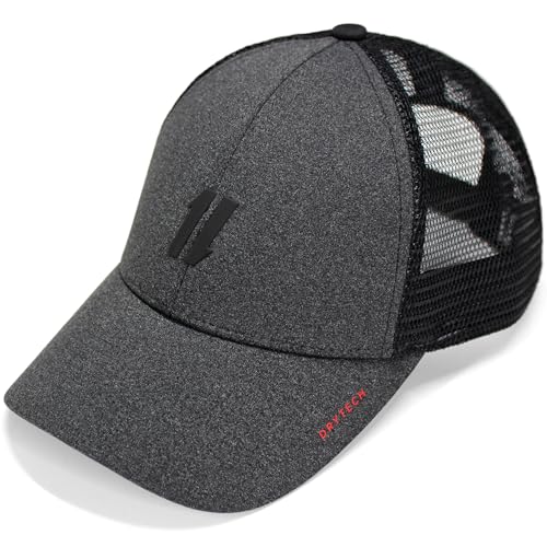 Image of Performance Trucker Hats for Men by King & Fifth | Mens Baseball Hats with Low Profile & Mesh Fabric + Workout Hat (US, Alpha, X-Small, Black Grey)
