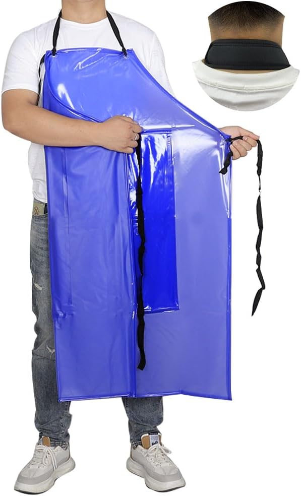 Waterproof Rubber Vinyl Work Apron -42.5" x 33.8" Plus Size Double Reinforced Chemical Resistant PVC Blue Bib Apron