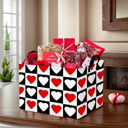 Image of Cute Large Valentine's Day Gift Basket Empty Heart Decor Storage Bin for Kid Baby Room Decor (Checkered Red and White)