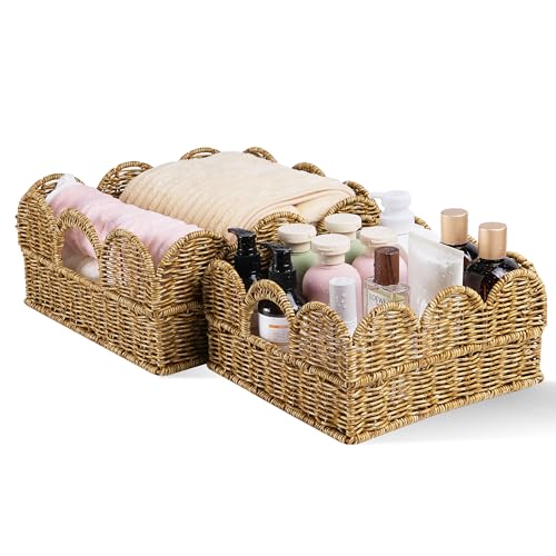 Scalloped Basket Set of 2，Resin Wicker Basket for Organizing and Decor Hand-Woven Wicker Storage...