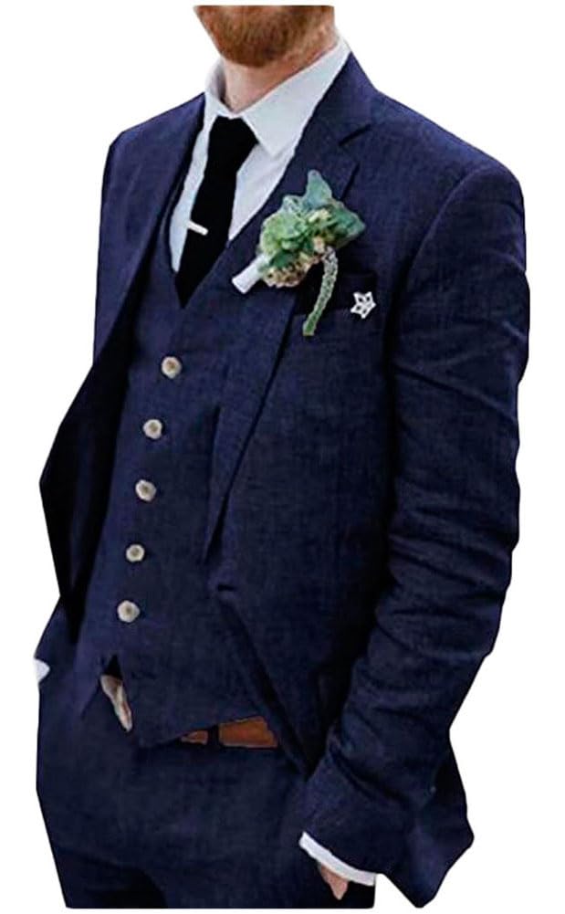Botong Men's Navy 3 Pc Linen Wedding Suits Two Buttons Groom Tuxedos Single Breasted Beach Wedding Suit Business Suit 46 Chest / 40 Waist