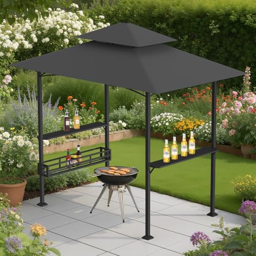 Peviasot Grillpavillon Wasserdicht mit 2 Seitenregalen Metallkorb Haken und Flaschenöffner Doppelstöckiges Dach Grillzelt UV-Schutz Gartenpavillon für BBQ Party 238x148x250 cm Grau