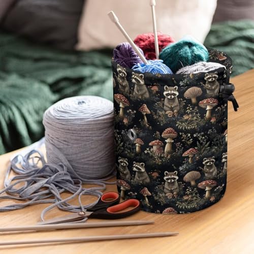 Image of Sellikakes Mushroom Raccoon Yarn Bag with Drawstring, Yarn Holder Crocheting Storage Basket Organizer Crochet Holder for Crocheting Project Store Skein Ball
