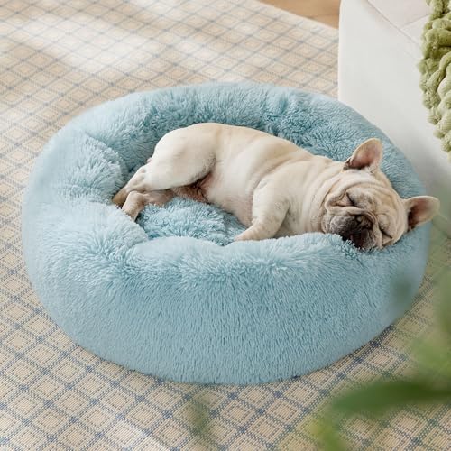 Image of Bedsure Calming Dog Bed for Medium Dogs - Donut Washable Medium Pet Bed, 30 inches Anti-Slip Round Fluffy Plush Faux Fur Cat Bed, Fits up to 45 lbs Pets, Aqua Blue