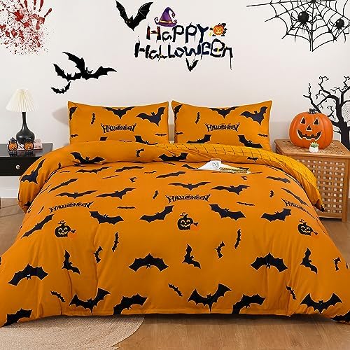 Halloween Duvet Cover Queen Size Orange Bedding Set Cartoon Bat Duvet Cover Pumpkin Comforter Cover for Kids Room Decor with 1 Duvet Cover 2 Pillowcases