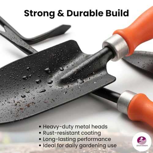 Image of Divayanshi Gardening Tools Set of 5 | Hand Trowel, Transplanter, Cultivator & Weeder | Durable Garden Tool Kit with Comfortable Grip for Planting & Weeding