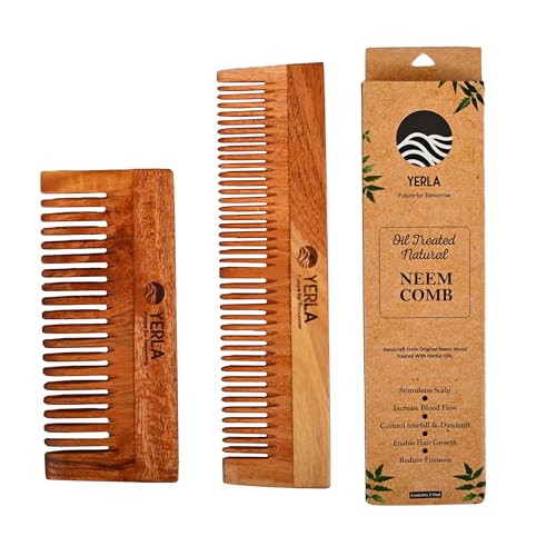 Image of YERLA Handmade Kacchi Neem Wooden Comb Set for Women & Men | Herbal Hair Growth Comb Infused with 17 Herbs & 4 Natural Oils | Anti-Dandruff, Frizz Control & Shine | Multi-Size Wooden Comb Combo (Pack of 2)