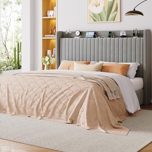 Image of Allewie King Size Lift Up Storage Bed Frame,Storage Shelf Headboard with Charging Station,Type-C and USB Ports,Hydraulic Support,Velvet Upholstered Bed Frame,No Box Spring Needed,Grey