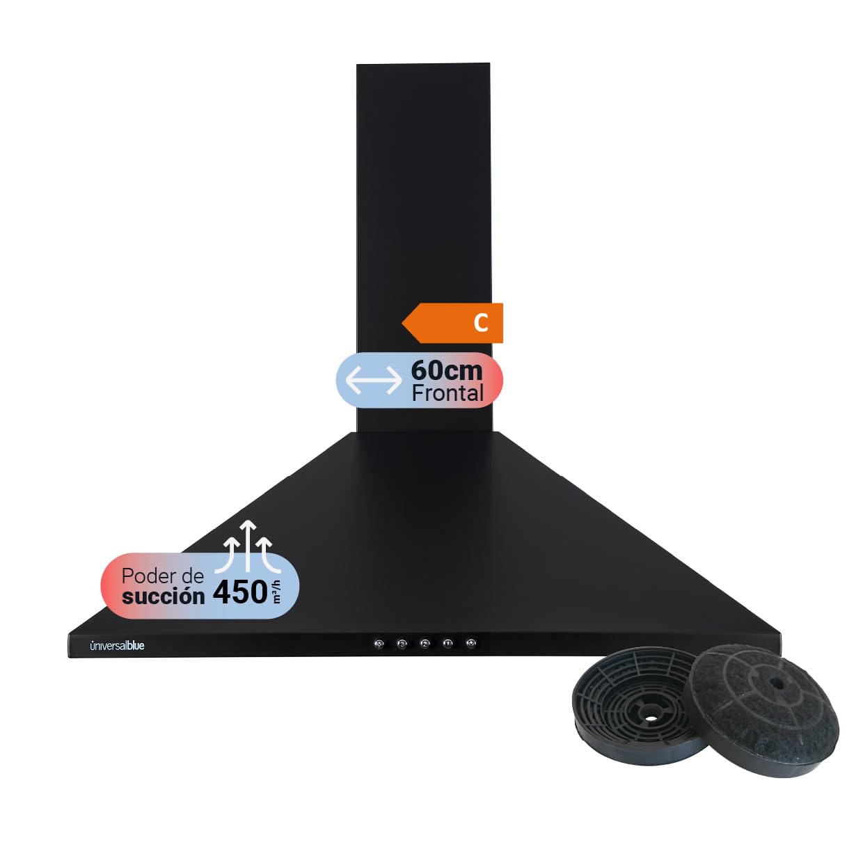 UNIVERSALBLUE Campana Extractora 60 cm Piramidal Negra | Extractor de Humo y Aire Eléctrico para Cocina | 3 Velocidades | Sin Salida de Humos | Potente Succión 450 m³/h | Filtros Incluidos