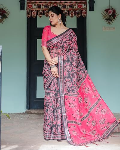 Image of Kaugalian store Linen Cotton Floral Printed Saree for Women with Unstitched Blouse Piece | 5.5 M Saree & 0.8 M Blouse