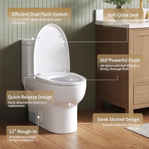 Image of DeerValley Elongated One Piece Toilet with Efficient Dual Flush 1.1 /1.6 GPF | Standard Height Toilet Bowl, Durable Ceramic, Slow Close Seat, Skirted Design 12 inch Rough-In Toilet for Bathroom DV-1F026-Gold