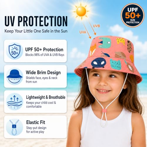 Image of VRITRAZ Unisex Kids Printed Bucket Hat | UV Protection Sun Hat with Adjustable Chin Strap & Summer Beach Travel Outdoor Cap for Toddlers & Children (4-12 Years)