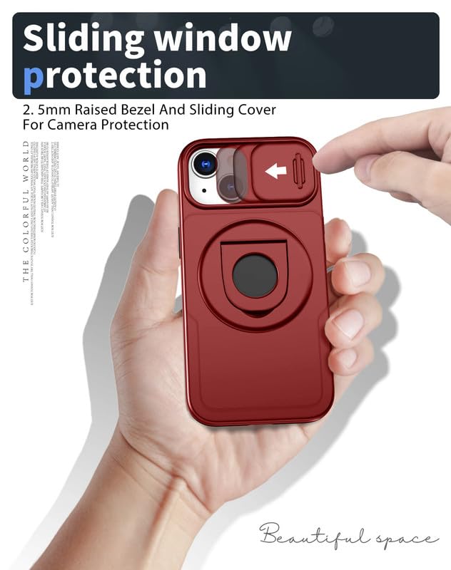 Image of LuxuryKase MagSafe Shockproof Rugged Back Case for iPhone 15 | Finger Ring Kickstand & Sliding Camera Cover | Military Drop Protection | Wireless Charging Support - Red