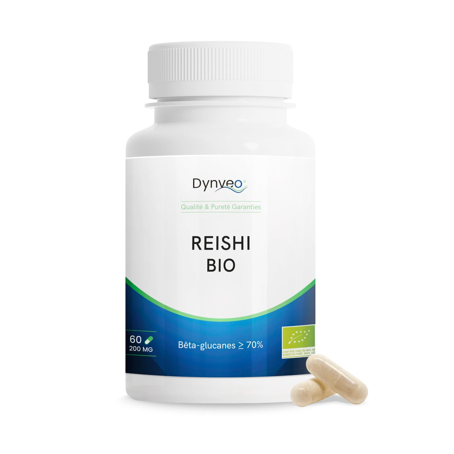 Extrait sec de Reishi Bio concentré - 70% Bêta-glucanes & 90% Polysaccharides - 200mg - 60 gélules - Système Immunitaire, Bien Être - Sans OGM - Qualité Immulink MBG®, Fabriqué en France, DYNVEO