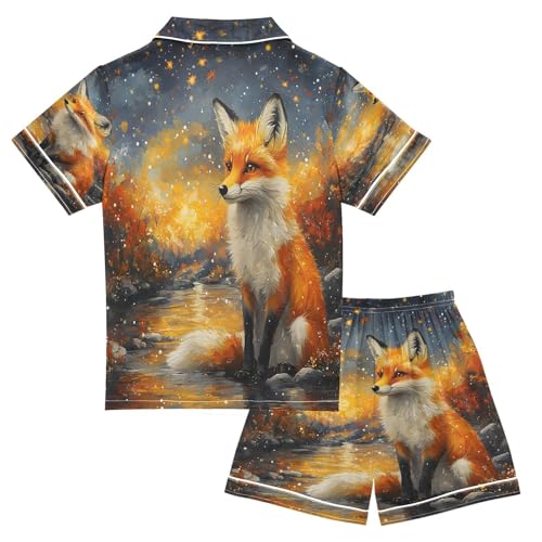 ALAZA Magic Fox Yellow Leaf Satin Pajamas Set Short Sleeve Button Down Sleepwear Summer Pjs 2 Piece2
