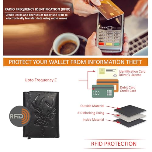 Image of Men's Genuine Leather RFID Wallet | Premium Slim Red Wallet for Men with Deer 3D Print | 8 Card Slots Secure and Durable Design | Casual Stylish | Formal & Gifting Use, Black and Silver