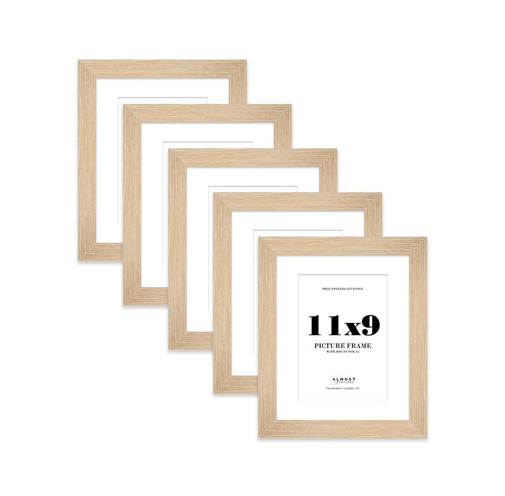 11x9" Oak Frame With Mount for A5 Pictures 28mm Edge Portrait and Landscape Display with Wall Hooks and Kickstand, 5 Pack