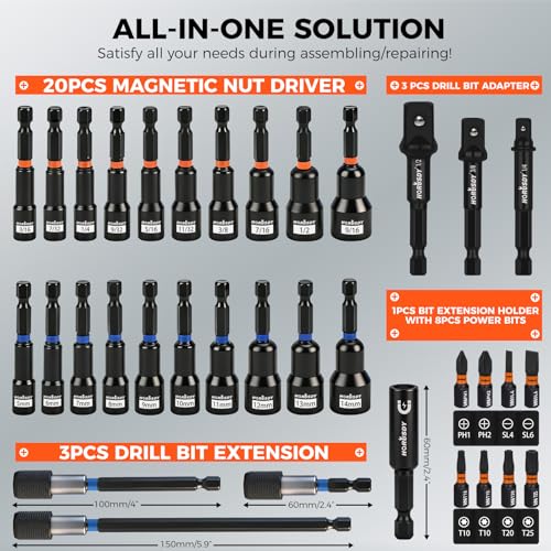 Image of 35 PCS Magnetic Nut Driver Set, Impact Drill Driver Bit 1 /4 inch Hex Shank, SAE & Metric Cr-V Steel Nut Drivers with Quick-Release Extensions, Impact Socket Adapters, Bit Holder, 8PCS S2 Bits, Toolbox