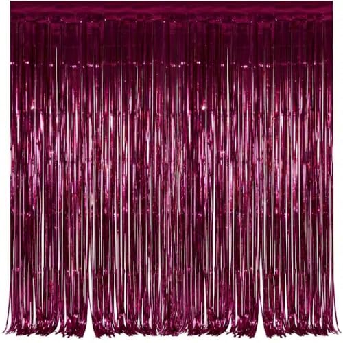 Image of 2Pack Burgundy Metallic Tinsel Foil Fringe Curtains, Burgundy Door Streamers Photo Booth Backdrop for Birthday Party, Tinsel Curtain Backdrop for Baby Shower Bachelorette Xmas Party Decorations