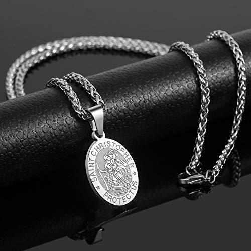P. BLAKE Oval Saint Christopher/Michael/Joseph/Jude/Virgin Mary/Joseph/Francis/Patrick/Anthony/Benedict/Thomas Necklace for Men Women, Stainless Steel Catholic Patron Pendant with Chain 24 Inches