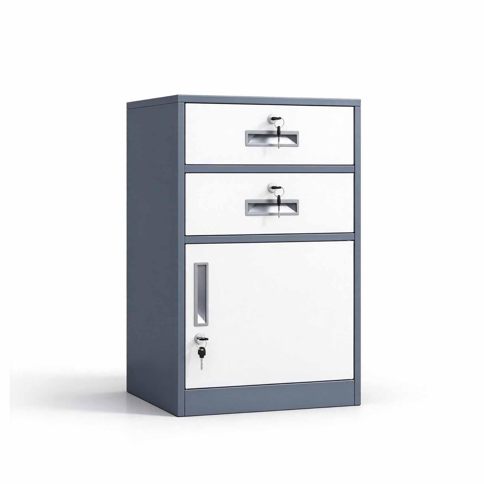 Rollcontainer Metall mit Schubladen 3 Schlösser Seitentür Büro | Leise Schubladen, Stabile Basis, Verstellbarer Einlegeboden, Dicker Stahl, Vormontiert, Seitentür(Gray)