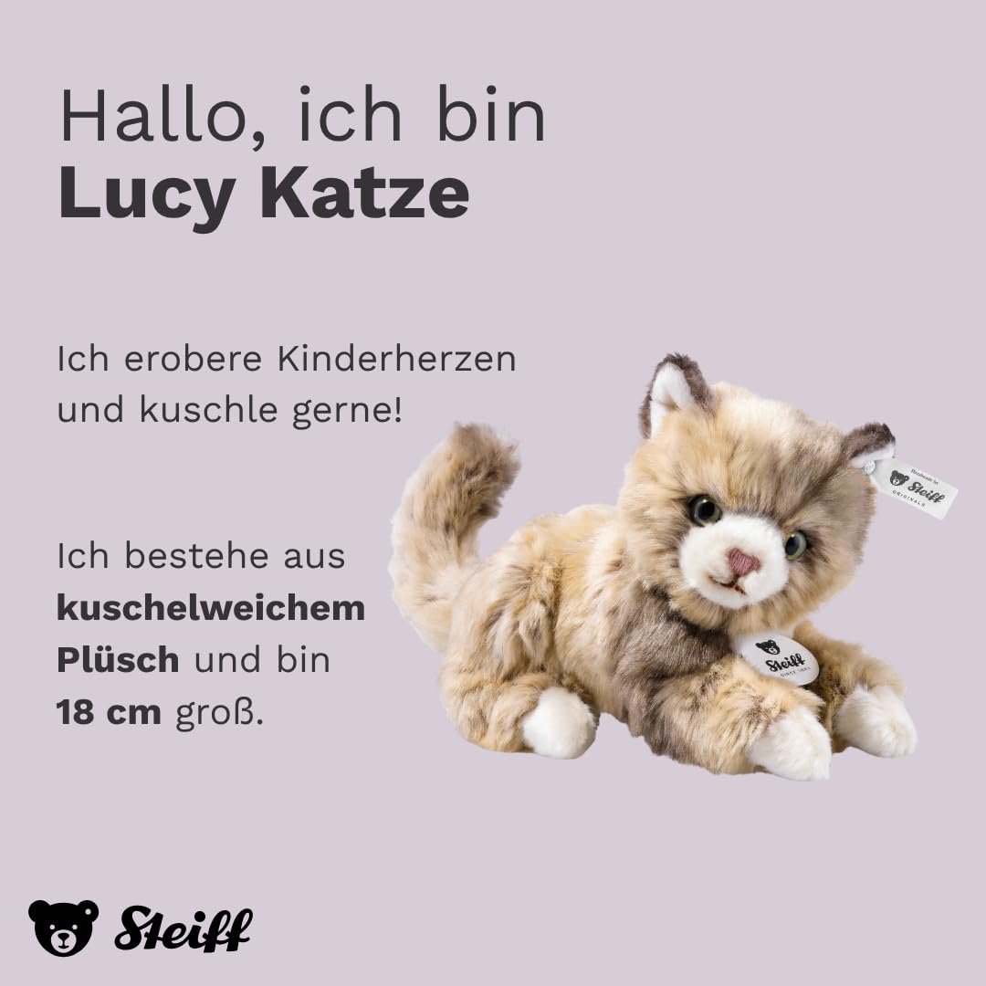 Steiff Pluszak Lucy kot, słodka pluszowa zabawka z oczami z tworzywa sztucznego, dla dzieci, chłopców i dziewczynek, pluszowa zabawka, 18 cm, beżowa, 099663