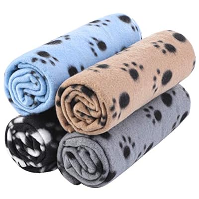 Aodaer Pack of 4 Pet Blankets With Paw Prints Pet Cushion Animals Blanket Puppy Dog Blanket for Small Animals, Black, Grey, Beige and Light Blue, 70 x 100 cm