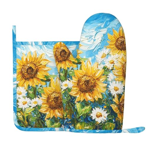 Oven Mitts and Pot Holders Sunflower Daisy Flower Art Silicone Kitchen Accessories Set of 2 Heat Resistant Long Gloves Potholder Non-Slip Grip for Chef Cooking,Baking,Grilling,BBQ