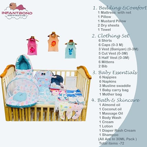 Image of Infantbond 72 in 1 New Born Baby Summer Complete Daily Items Combo | Baby Gift Set | New Born Gift set | Infant Combo set | Baby Hospital Bag for Newborn | New Born Essentials | Infant Clothes (0-6 Months) (Spiral Pista)