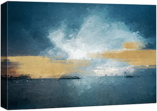 wall26 Canvas Print Wall Art Gold, White & Blue Paint Stroke Landscape Abstract Shapes Illustrations Modern Art Minimalist Relax/Calm Multicolor for Living Room, Bedroom, Office - 12"x18"
